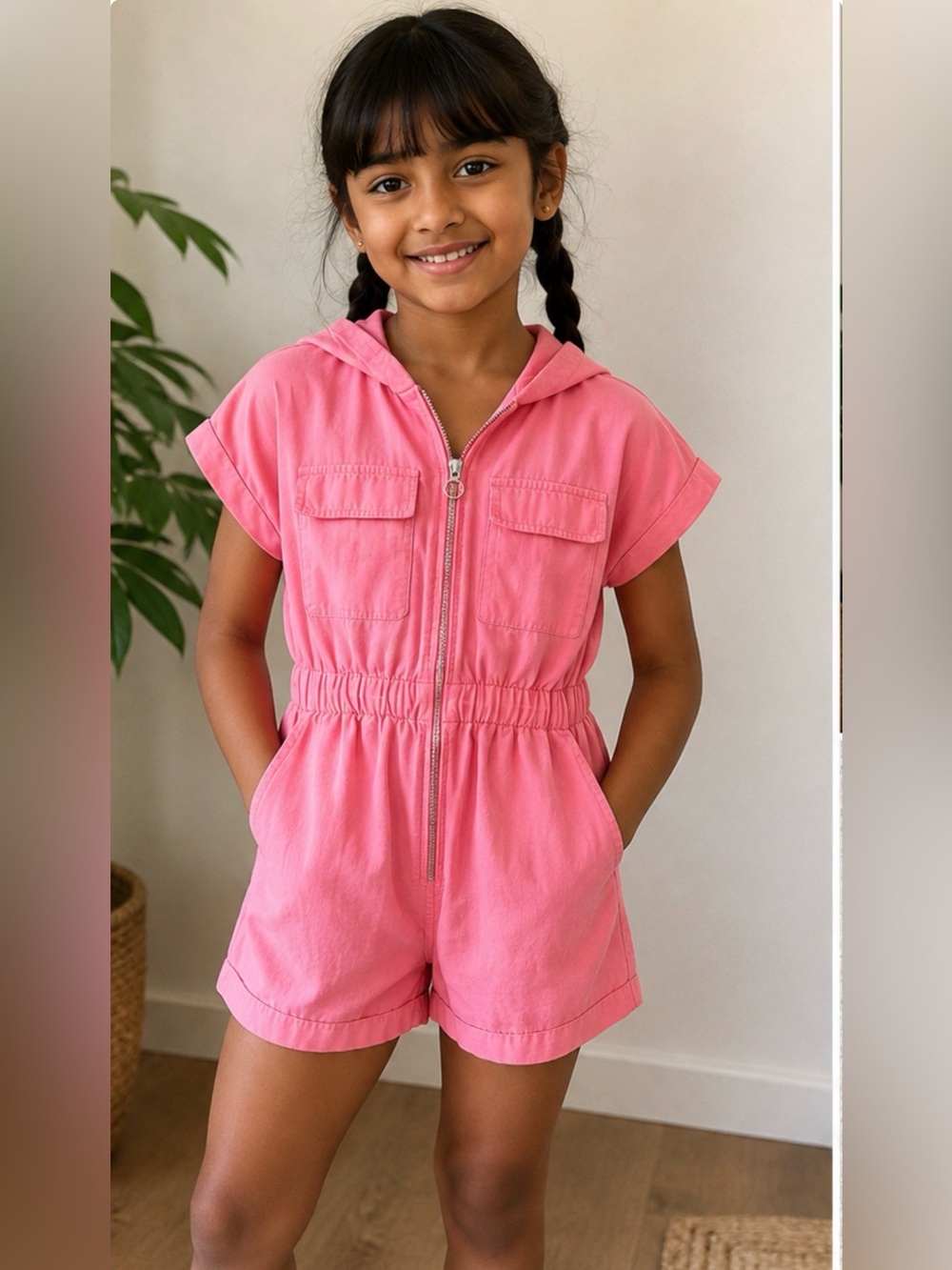 Zara Pink Hooded Short Sleeve Romper with Front Zip ~ Size 6